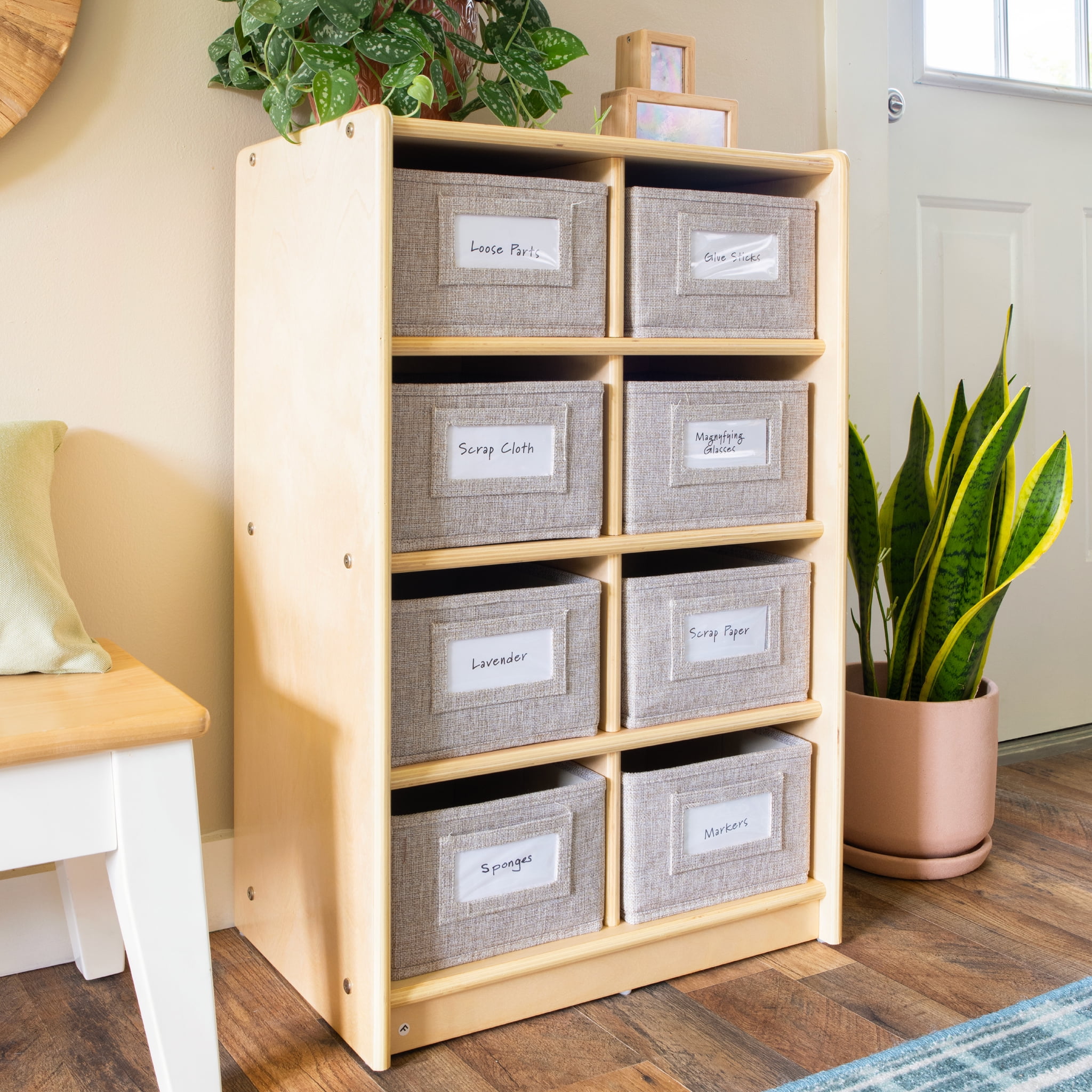 Natural Wood 8-Cubby Kids' Storage Organizer with Fabric Bins