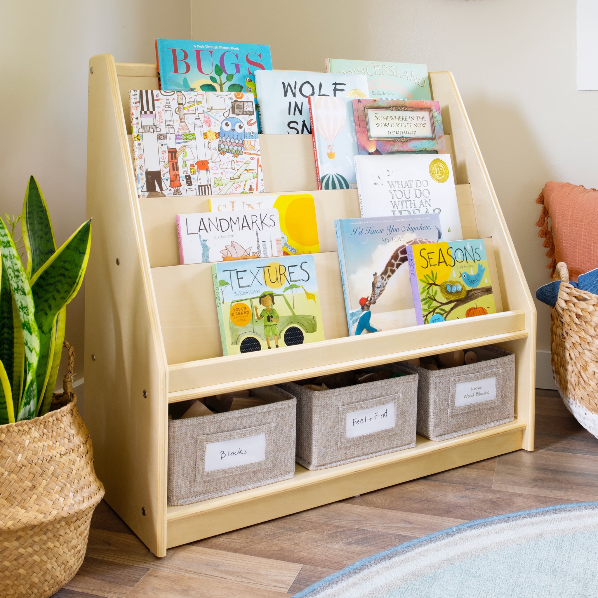 Natural Wooden Kids Book and Bin Display with Fabric Bins