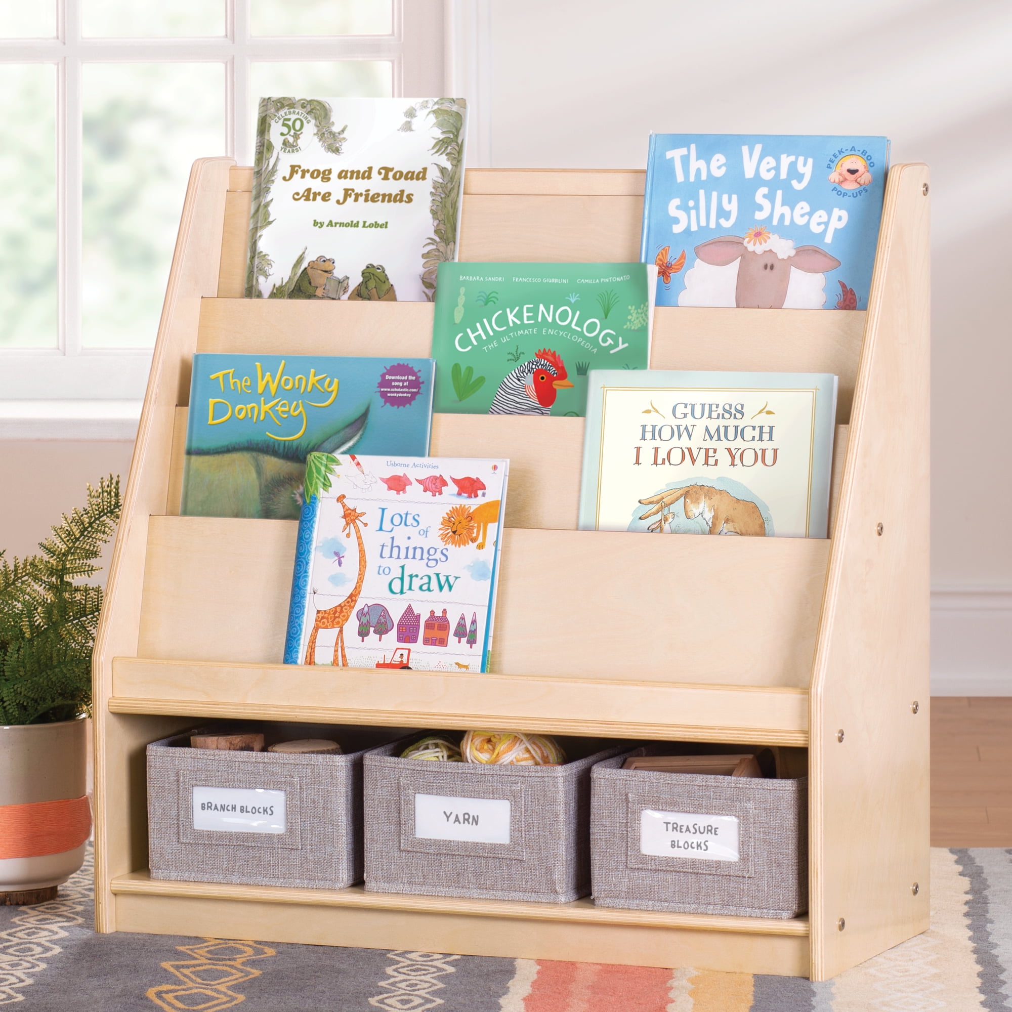 Natural Wooden Kids Book and Bin Display with Fabric Bins