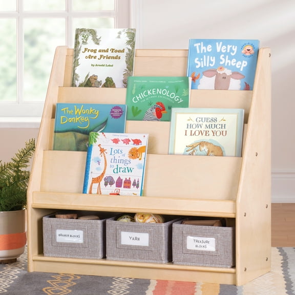 Guidecraft EdQ Book and Bin Display - Natural: Kids' Wooden Book Rack, Storage Bookshelf with Tiered Shelves for Home and Classroom