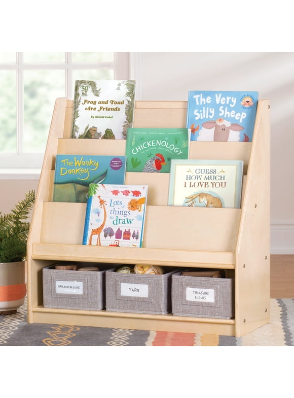 Guidecraft EdQ Book and Bin Display - Natural: Kids' Wooden Book Rack, Storage Bookshelf with Tiered Shelves for Home and Classroom