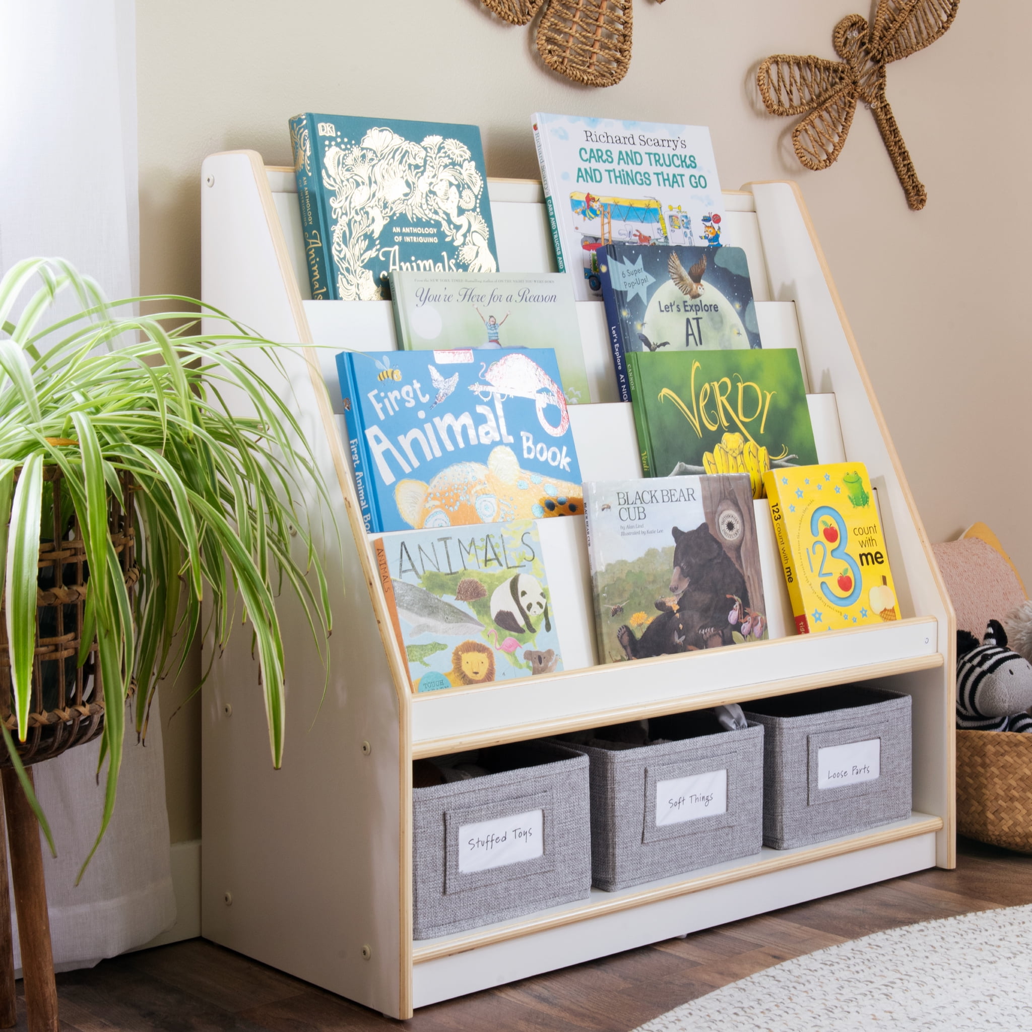 White Wooden Kids Book and Bin Display with Storage Bins