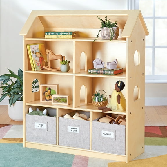 Guidecraft EdQ Dollhouse Bookshelf - Natural: Wood Kids' Pretend Play Furniture for Playroom and Classroom with Bins for Toys and Dolls