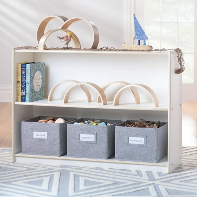 Guidecraft EdQ Essentials Two Shelf Open Storage 30'' White with 3 Fabric Bins Wooden Multi