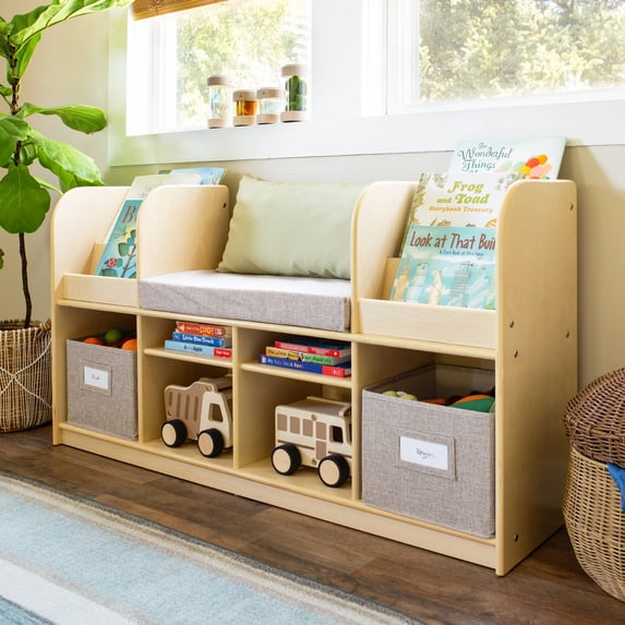 Guidecraft EdQ Reading Nook - Natural: Children's Wooden Bedroom Reading Bench, Kids' Bookshelf, Toy Cubby Organizer and Cube Storage