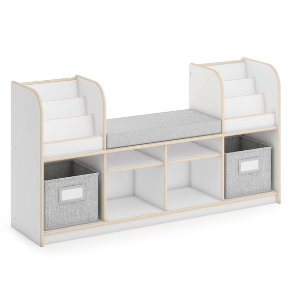 Guidecraft EdQ Reading Nook - White: Wooden Kids' Furniture for Book Storage with Bins and Cushioned Seat, Reading Bench Bookshelf