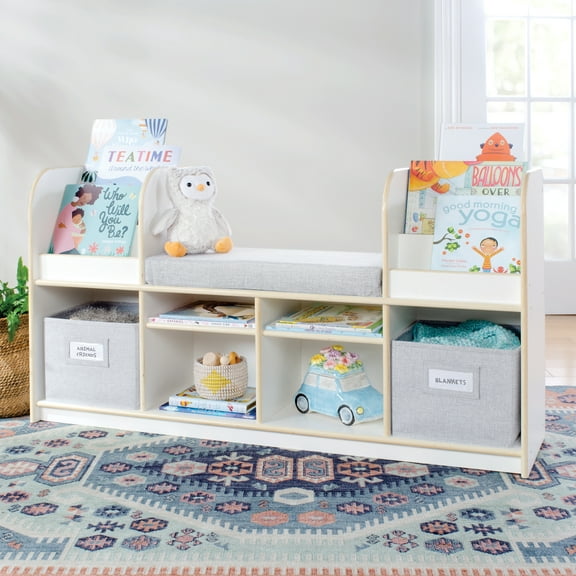 Guidecraft EdQ Reading Nook - White: Wooden Kids' Furniture for Book Storage with Bins and Cushioned Seat, Reading Bench Bookshelf