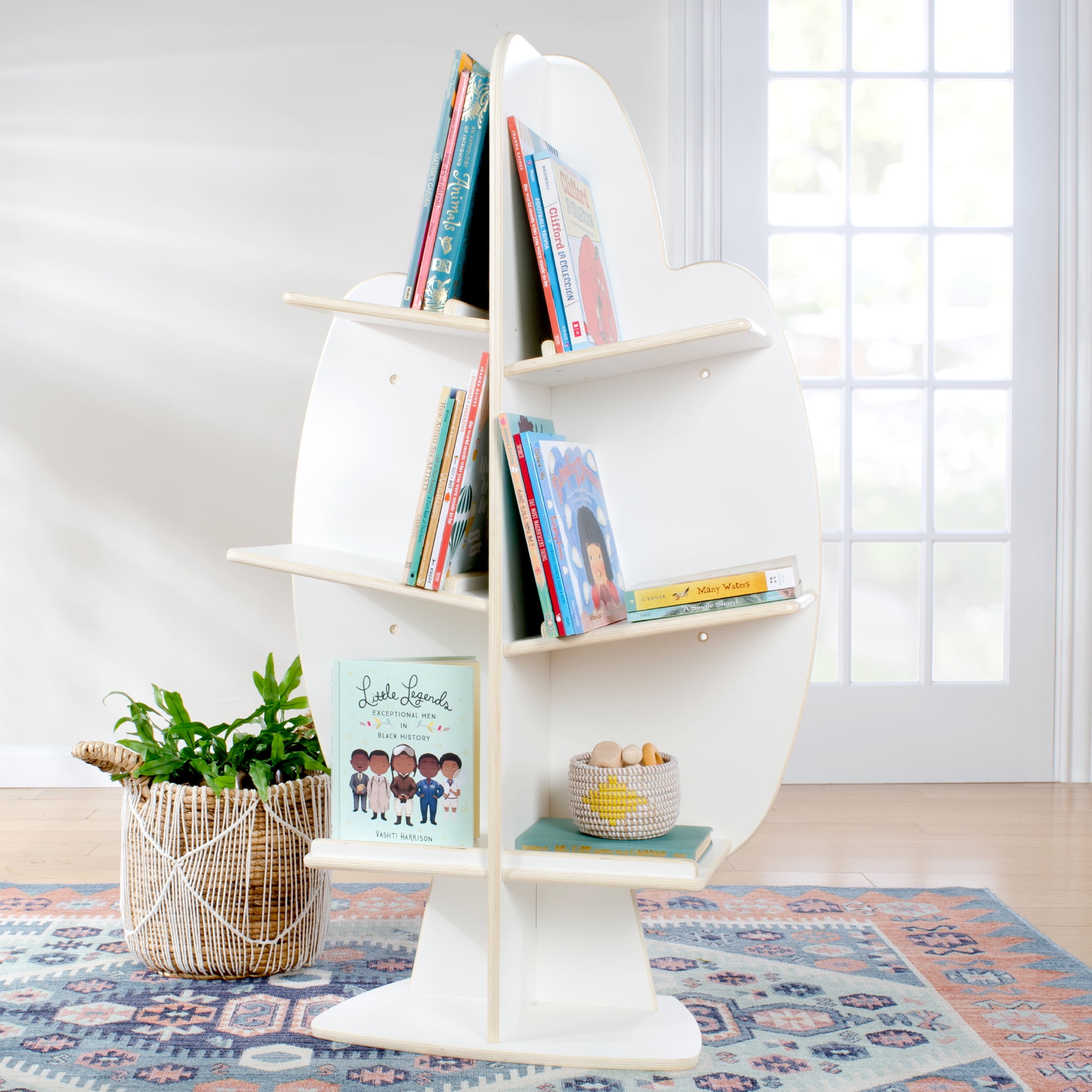 Guidecraft EdQ Reading Tree White Children's Wooden Standing Bookshelf and Classroom Book and
