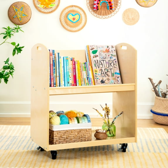 Guidecraft EdQ Kids Book Storage Cart - Natural: 2-Shelf Wooden Rolling Cart with Wheels for Classroom Organization | Kids Library Bookcase
