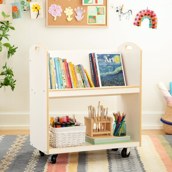 Guidecraft EdQ Kids Book Storage Cart - White: 2-Shelf Wooden Rolling Utility Cart with Wheels | Kids Bookcase with Storage Shelves for Classroom