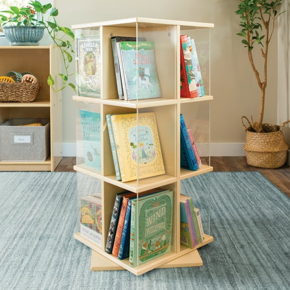 Guidecraft EdQ Rotating Book Display - Natural: 3-Tier 360 Spinning Wooden Bookshelf for Kids with Acrylic Shelves for Classroom or Bedroom