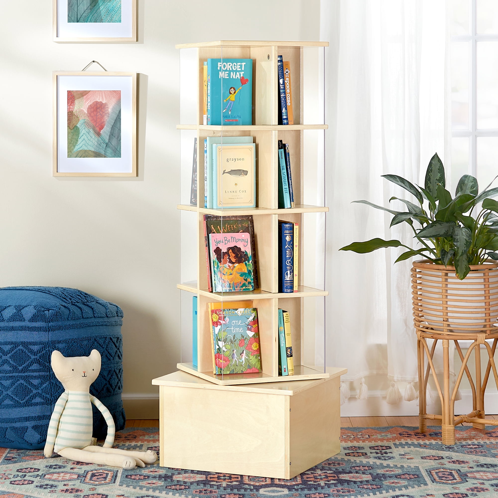 Natural Birch Wood Kids Rotating Book Display with Acrylic Sides