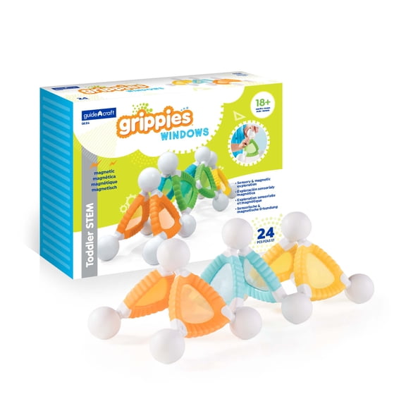 Guidecraft Grippies Windows - 24 Piece Set, Stem Soft Grip Magnetic Building Toy for Toddlers