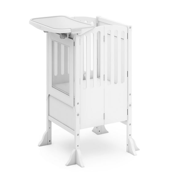 Guidecraft Kitchen Helper Toddler Tower and Mealtime and Play Tray Bundle: Contemporary White Folding, Adjustable Step Stool with Keepers