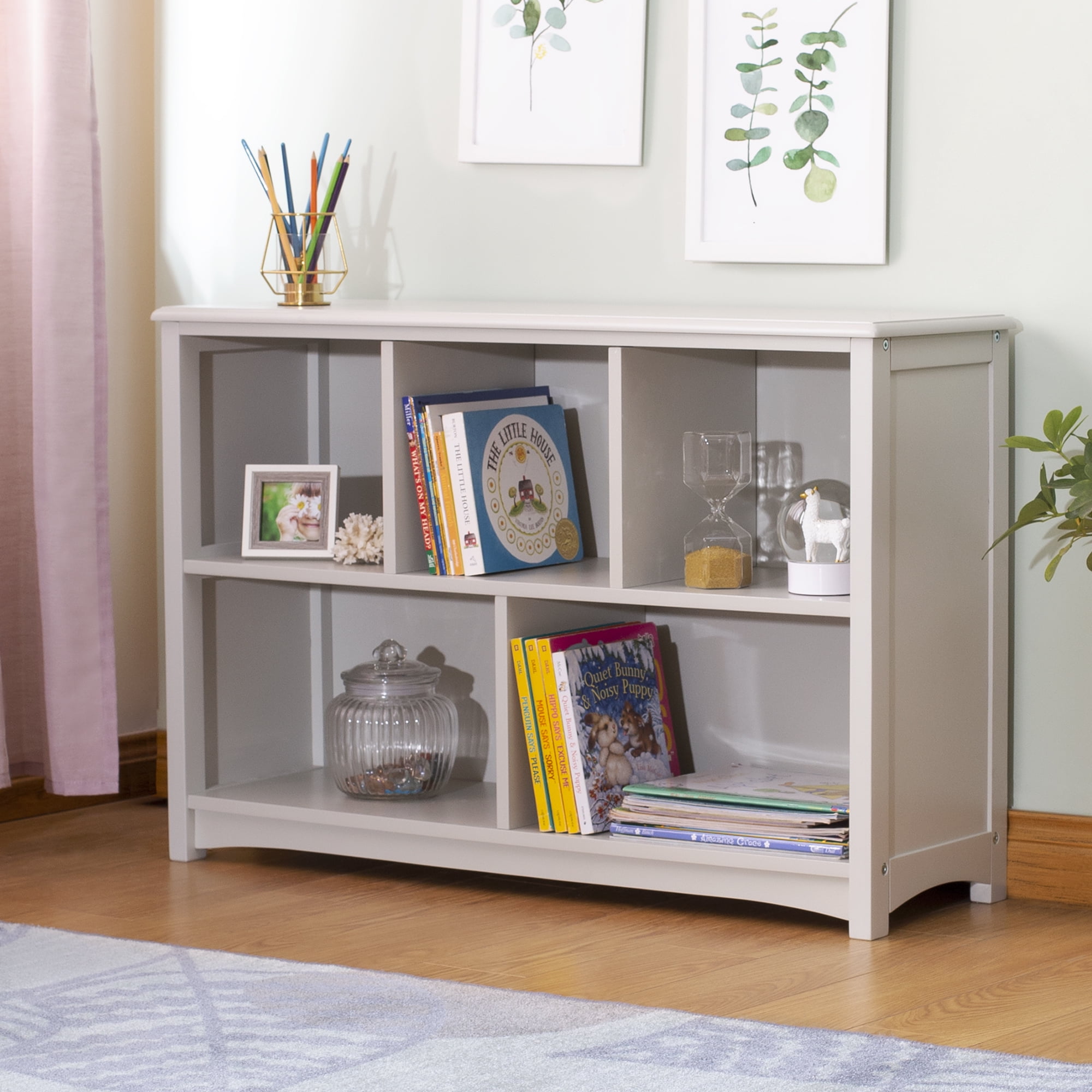 Gray Wooden Kids' Bookshelf with Storage Compartments