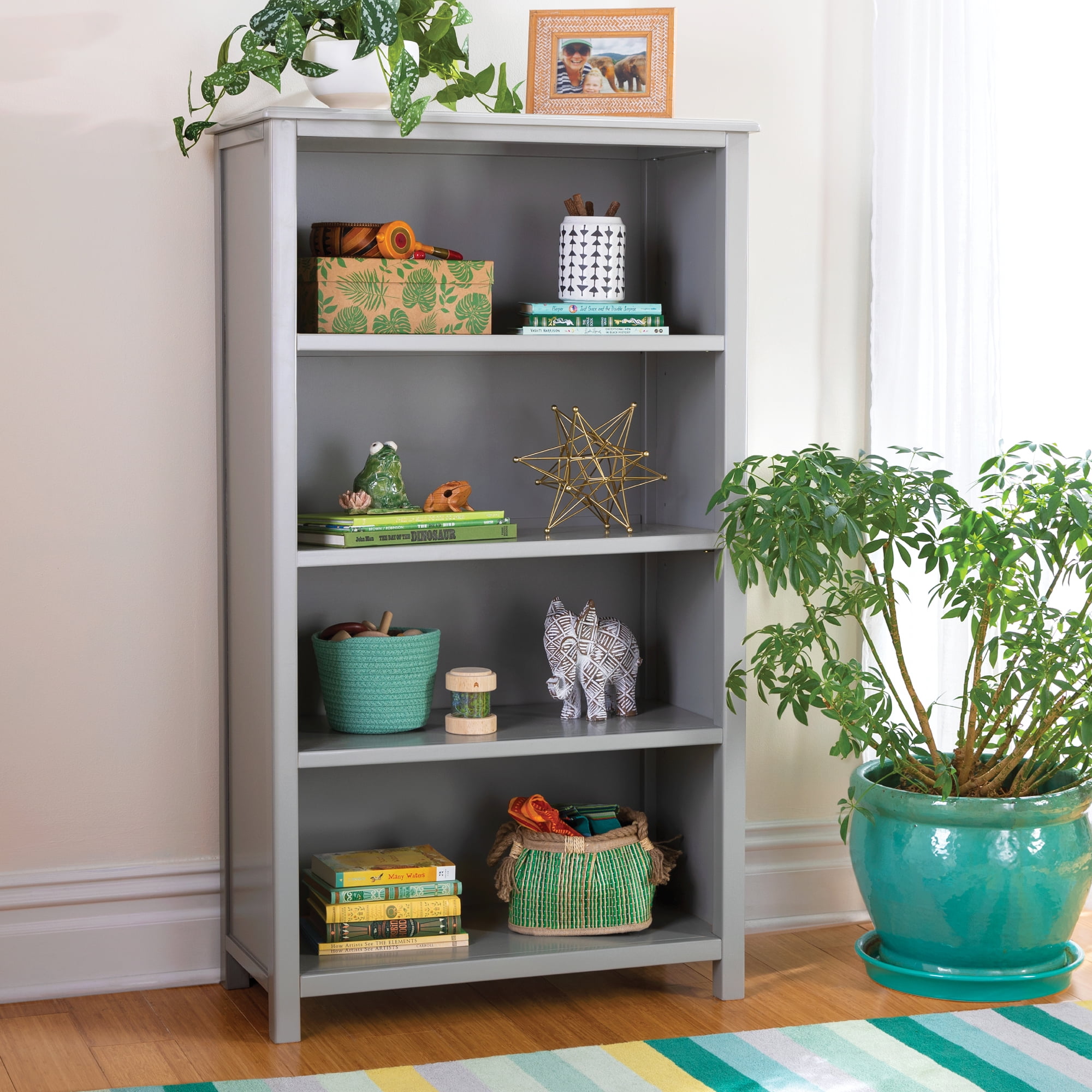 Gray Adjustable Kids' 4-Shelf Wooden Bookcase