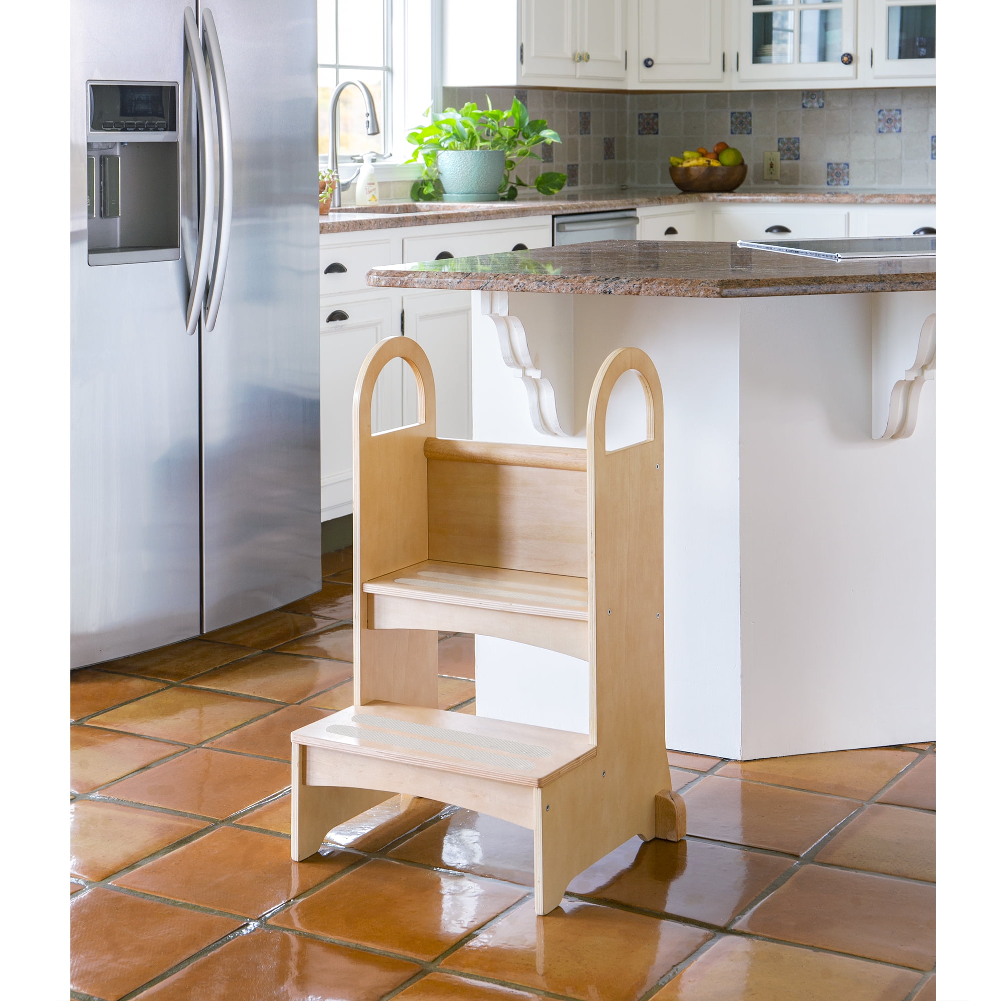 Natural Wooden Two-Step Kids' Stool with Handles