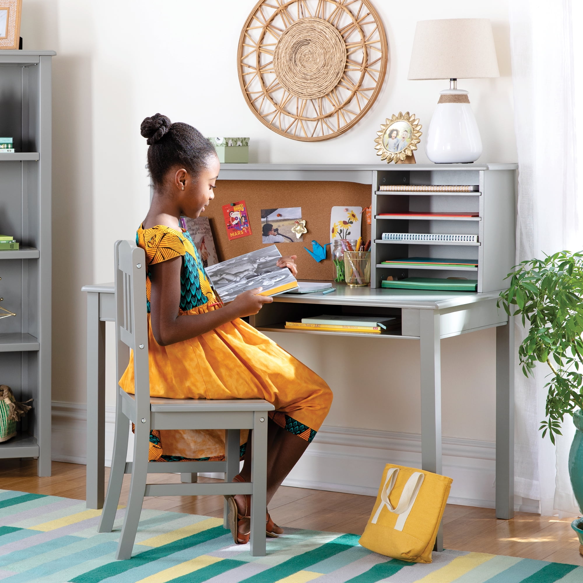 Guidecraft Kids Media Desk and Chair Set Gray Kids Desk and Chair Set Study Table for Kids with Hutch and Shelf Wood Bedroom Furniture Set