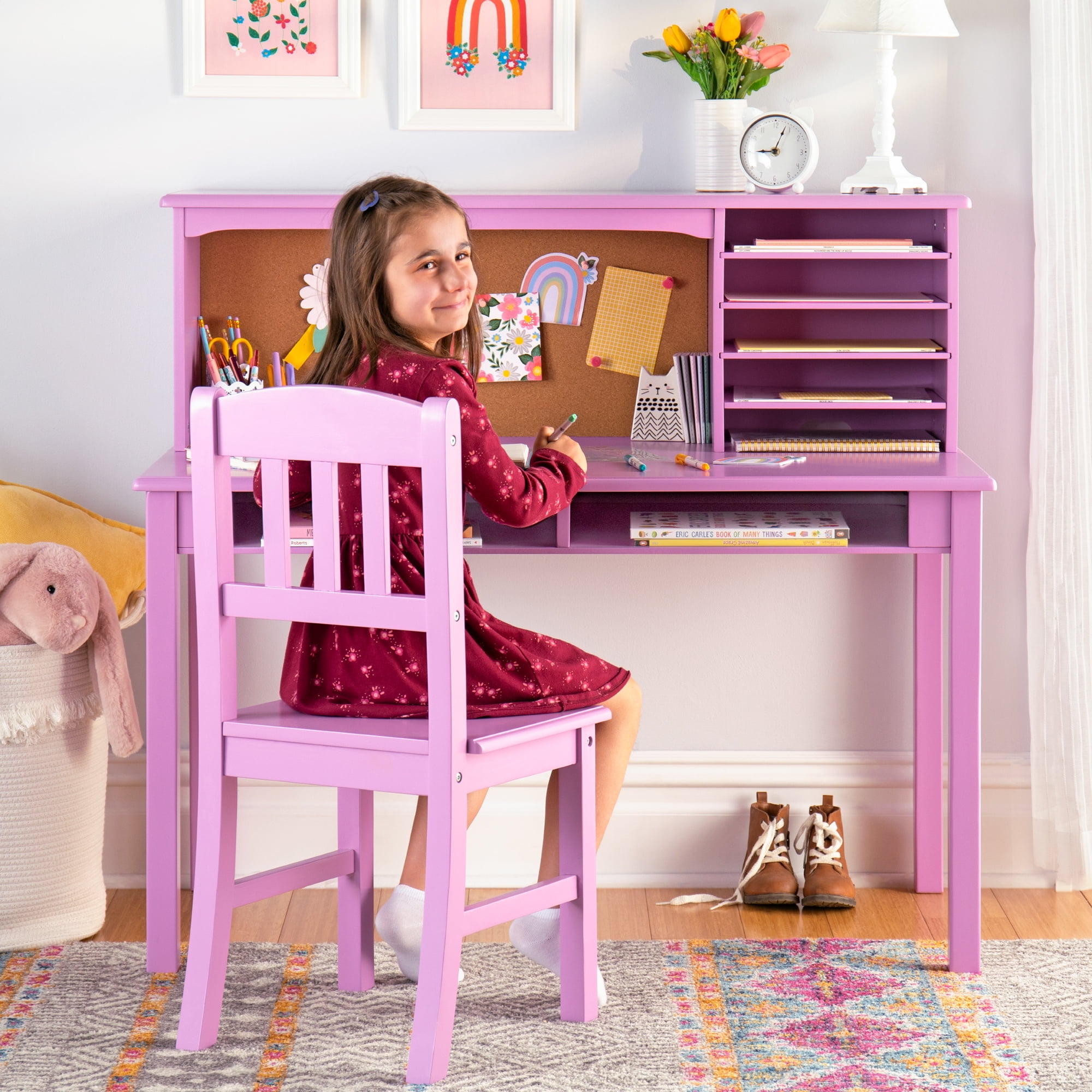 Lavender Wood Kids Computer Desk with Hutch and Chair Set