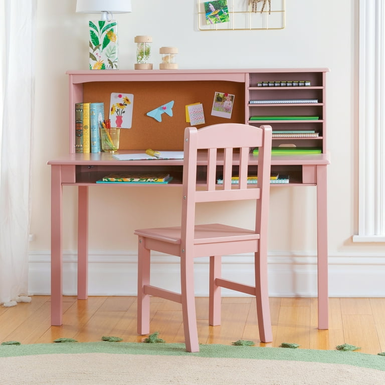 Guidecraft Kids Media Desk and Chair Set Pink Girls Wood Computer and Writing Table with Corkboard Hutch and Shelf Storage