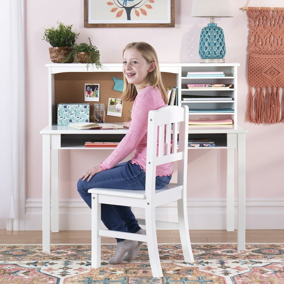 Guidecraft Kids' Media Desk and Chair Set - White: Children's Wooden Bedroom Computer Table with Corkboard, Hutch and Shelving