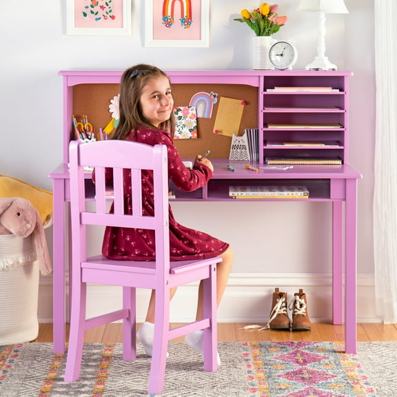 Guidecraft Kids Media Desk with Hutch and Chair Set - Lavender: Kids Study Table and Chair Set, Girls Wooden Computer Workstation for Bedroom