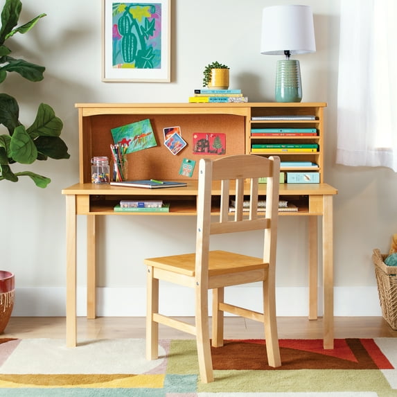 Guidecraft Kids' Media Desk with Hutch and Chair Set Natural: Kids Table and Chair Set, Computer Desk with Storage Hutch, Kids Bedroom Furniture Set