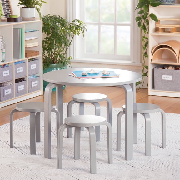 Guidecraft Kids' Nordic Table and Chairs Set - Gray: Childrens Wood Round Toddler Activity Table for Playroom with 4 Stacking Stools