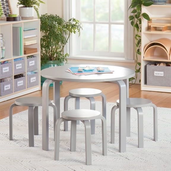 Guidecraft Kids' Nordic Table and Chairs Set - Gray: Wood Round Toddler Activity Table for Playroom