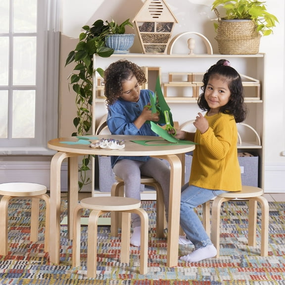Guidecraft Kids' Nordic Table and Chairs Set - Natural: Wood Round Classroom and Playroom Toddler Activity Table with 4 Stools