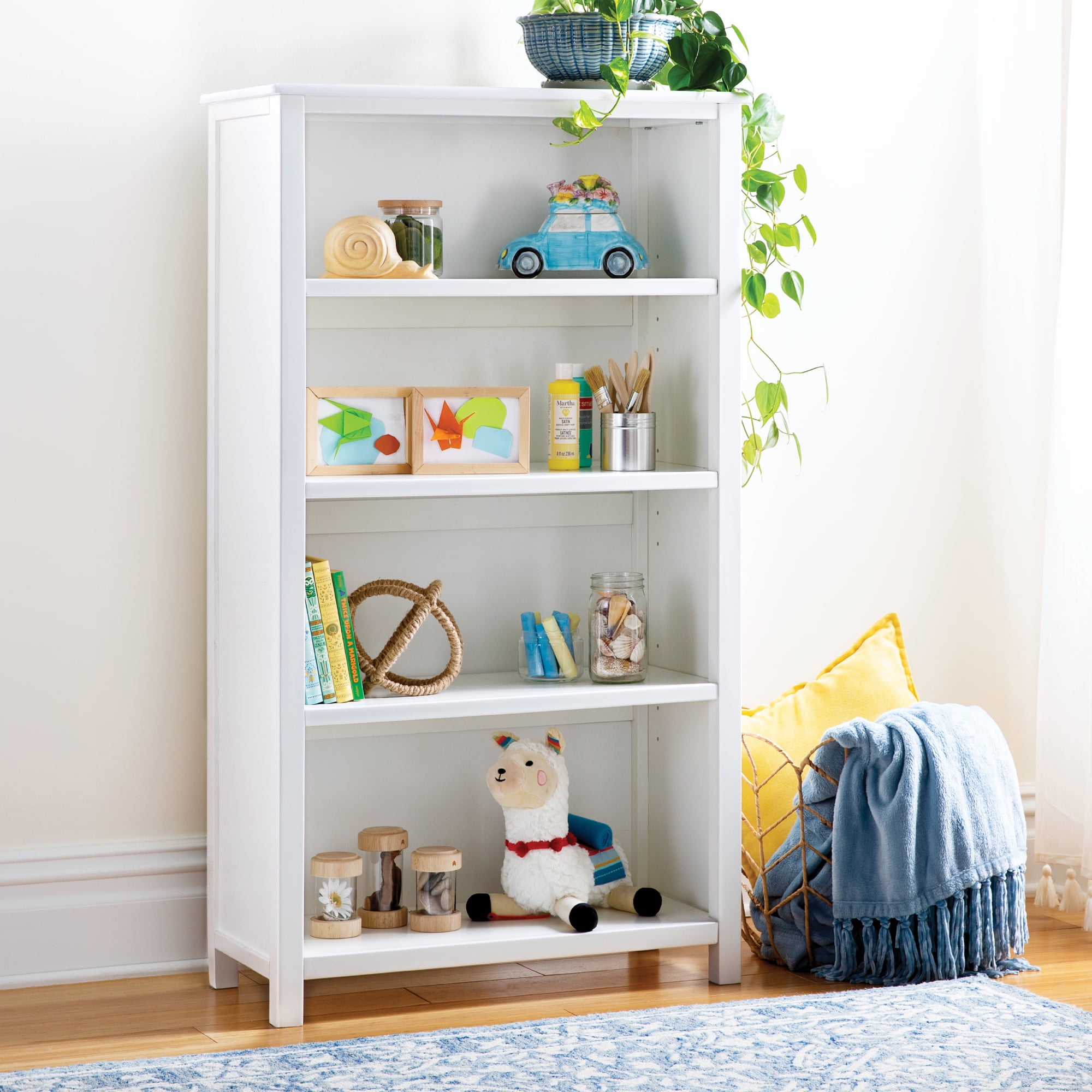 Adjustable White Wood 4-Shelf Kids' Bookcase for Toys and Books