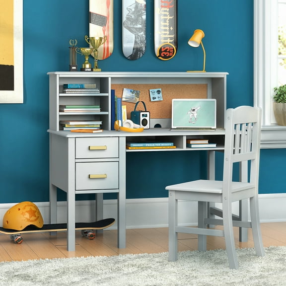 Guidecraft Kids' Taiga Desk and Hutch - Gray: Childrens Wooden Student Table and Study Center w/ Storage Drawers, Shelf and Corkboard