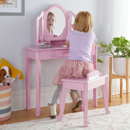 Guidecraft Kids' Vanity and Stool Set - Pink: Children's Princess Pretend Play, Dress Up Desk and Makeup Mirror with Storage Drawer