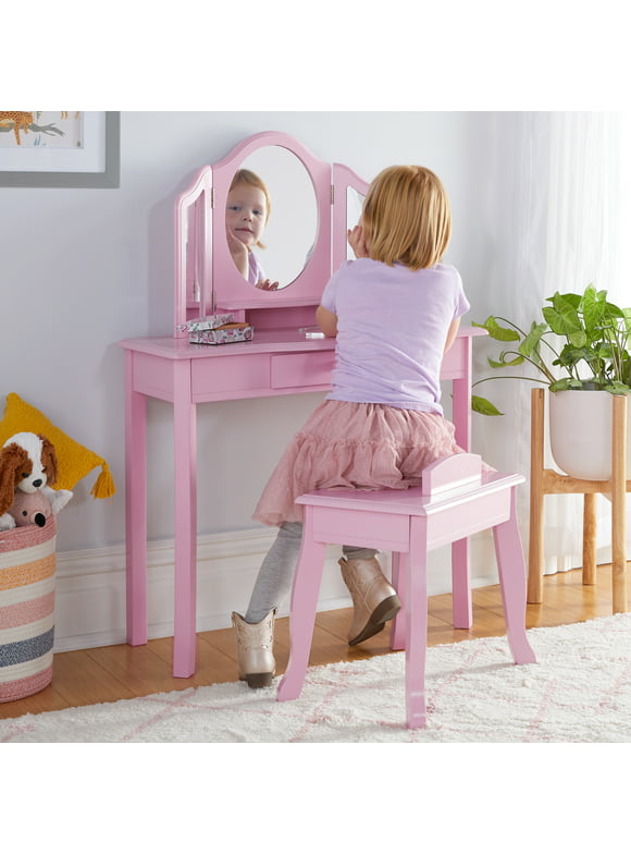 Guidecraft Kids' Vanity and Stool Set - Pink: Children's Princess Pretend Play, Dress Up Desk and Makeup Mirror with Storage Drawer