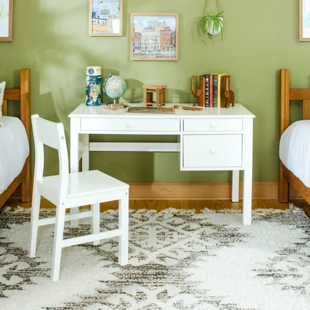 Guidecraft Madison Kids Desk and Chair Set - White: Kids Bedroom Desk Set, Kids' Writing Table with Storage, Wood Bedroom Study Table for Kids
