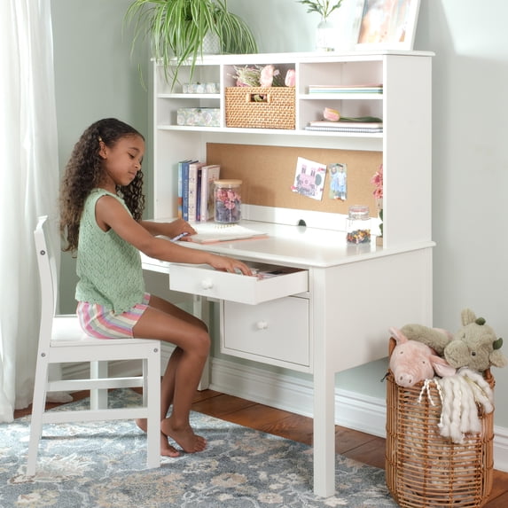 Guidecraft Madison Kids Desk with Hutch and Chair Set - White: Kids Wooden Bedroom Writing Table with Storage, Wood Study Table for Kids with Hutch