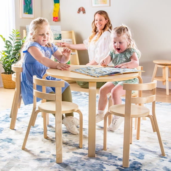 Guidecraft Nordic Table and Chair Set- Natural: Wooden Kids Table with 4 Chairs, Bentwood Classroom Activity Seating for Crafting & Reading, Kids Play Montessori Furniture for Playroom & Homeschool