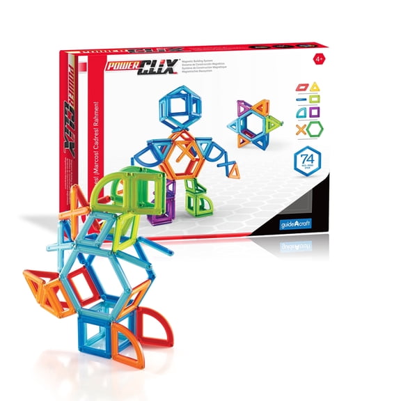 Guidecraft PowerClix Frames Magnetic Building Blocks Set -74 Piece: Magnetic Tiles, STEM Educational Construction Toy