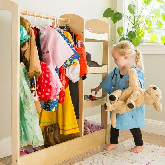 Guidecraft See and Store Dress Up Center - Natural: Kids' Clothes and Costume Storage Rack, Pretend Play Closet Organizer with Mirror