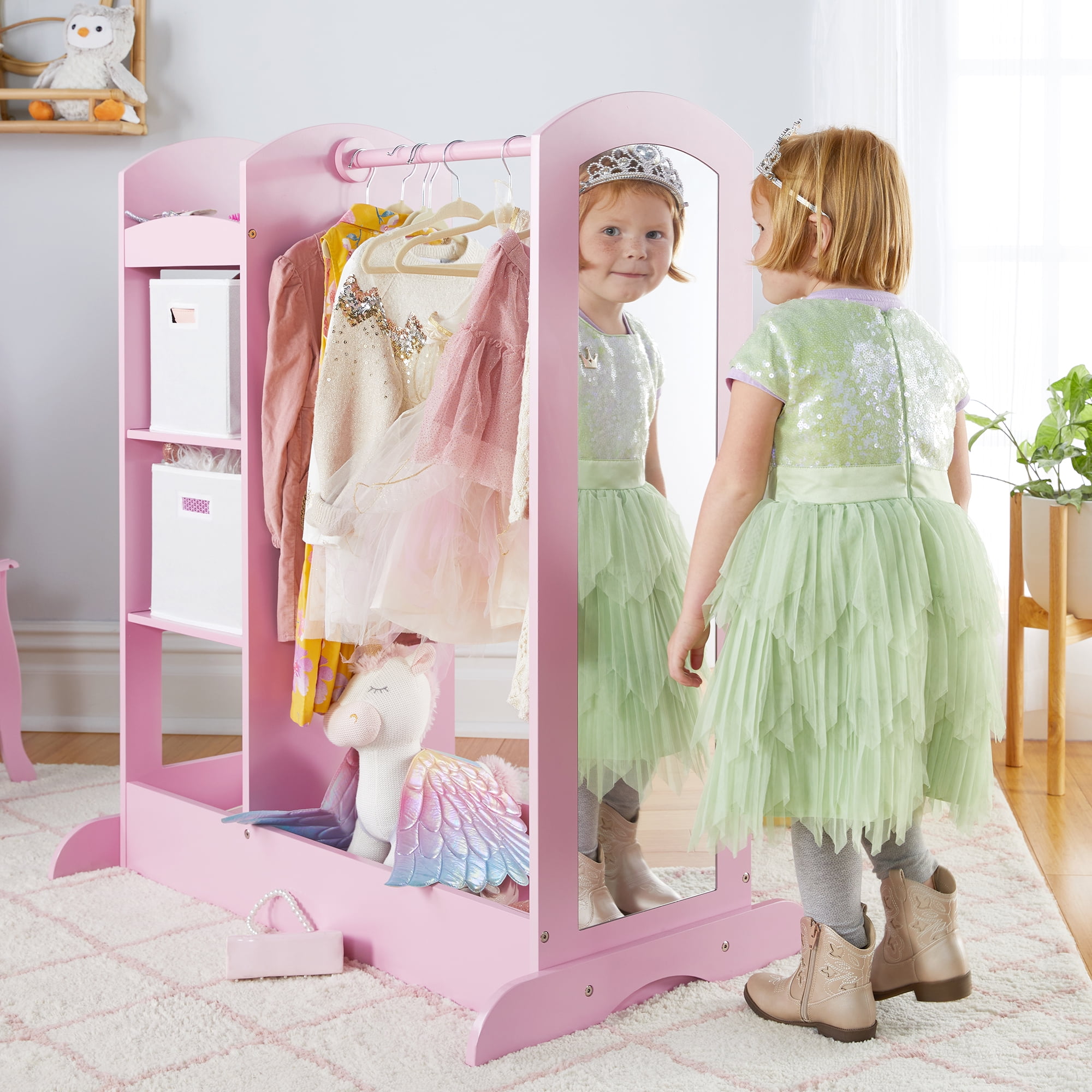 Guidecraft Kids Wooden Storage Organizer Wardrobe Cabinet Pink Furniture with Mirror Clothing Rack Walmart
