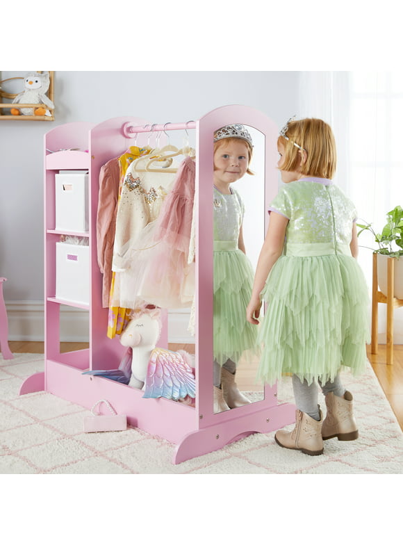 Guidecraft See and Store Dress Up Center - Pink: Kids' Pretend Play Clothes and Costume Armoire with Clothing Rack Storage and Mirror