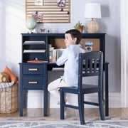 Guidecraft Taiga Kids Desk and Chair Set with Hutch - Navy Kids Wooden Computer Desk with Storage Drawers and Shelves | Kids Study Table for Bedroom