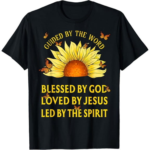 Guided By The Bible Blessed By God Sunflower Christian T-ShirtMen and women, Black T-shirt, size: Extra large