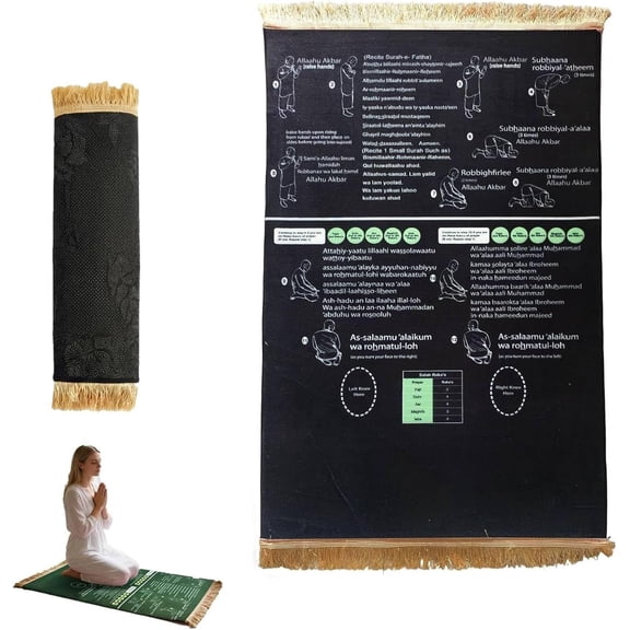 Guided Prayer Mat, Educational Janamaz for New Muslims & Reverts, Non-Slip Islamic Learning Mat for Kids Adults, Large Spiritual Gift, (XX-Black)