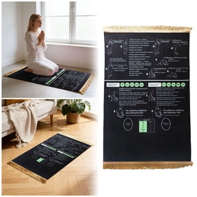 Guided Prayer Mat With Printed Prayer Steps Non Slip Salah Pad Foldable Prayer Rug For Meditation Home(Black-50X90Cm)