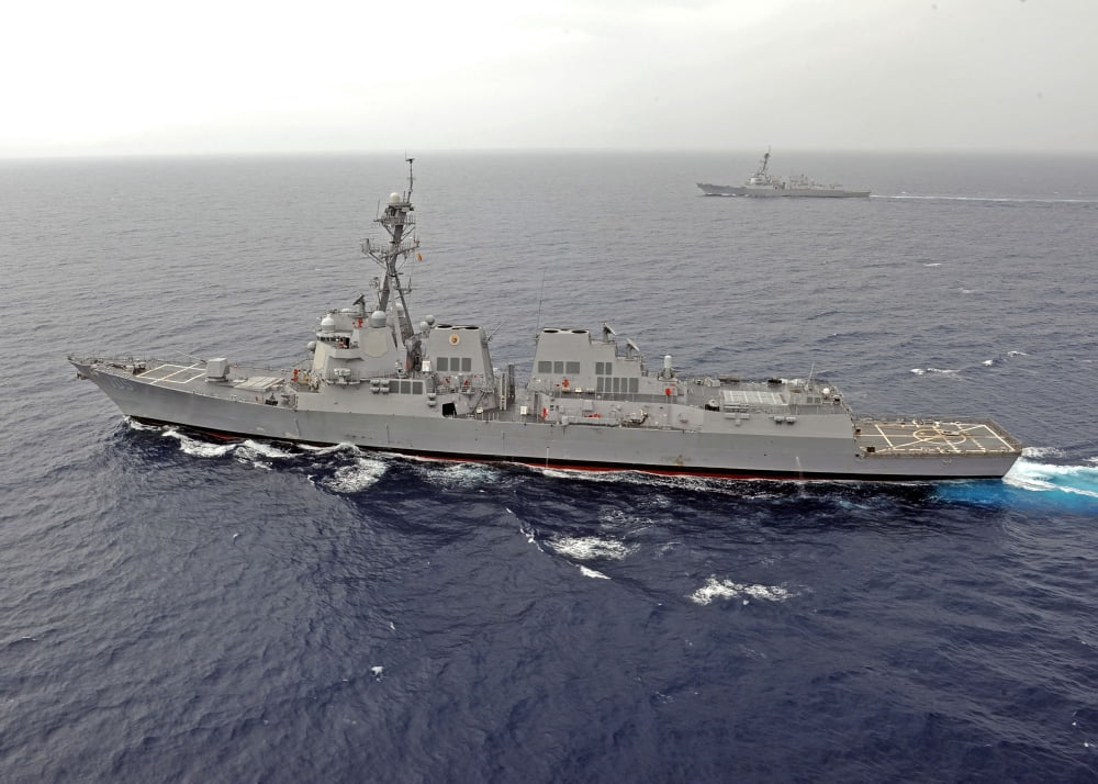 Guided missile destroyers USS Dewey and USS Pinckney transit the South China Sea Canvas Art - Stocktrek Images (34 x 24)