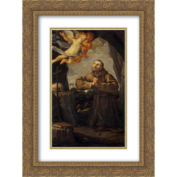 Guido Reni 2x Matted 18x24 Gold Ornate Framed Art Print 'St Francis in prayer with Two Angels'
