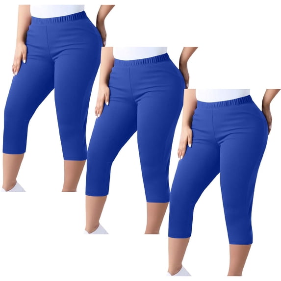 Guieoi 3 PC Leggings for Women High Rise Plus Size Athletic Casual Lounge Yoga Pilates Stretch Elastic Waist 7/8 Length Slim Fit Capri Cropped Pants Blue XXL