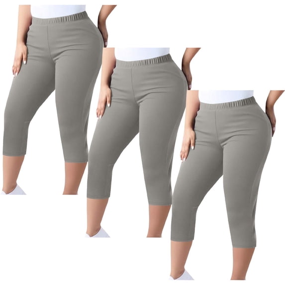 Guieoi 3 PC Leggings for Women High Rise Plus Size Athletic Casual Lounge Yoga Pilates Stretch Elastic Waist 7/8 Length Slim Fit Capri Cropped Pants Gray L