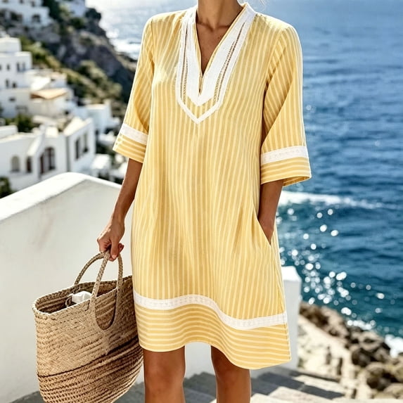 Guieoi Beach Vacation-Style Summer Dresses for Women Plus Size Striped V-Neck Loose-Fit Beach Dress with Pockets Yellow M